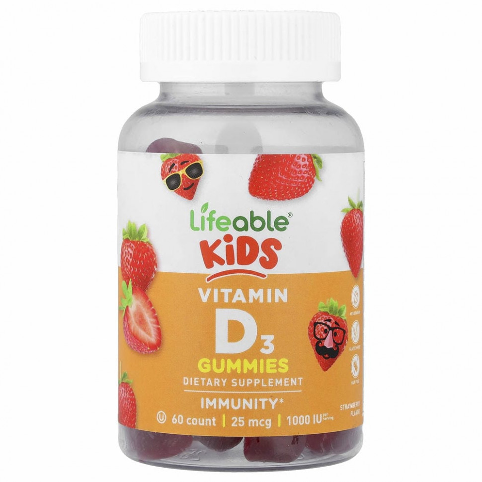 Lifeable, Детский витамин D3, натуральная клубника, 25 мкг (1000 МЕ), 60 жевательных таблеток