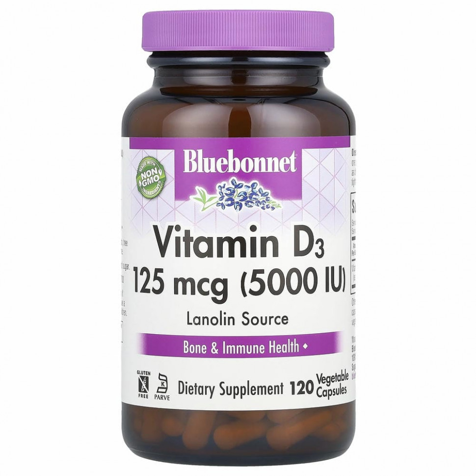 Bluebonnet Nutrition, Витамин D3, 5000 МЕ, 120 растительных капсул