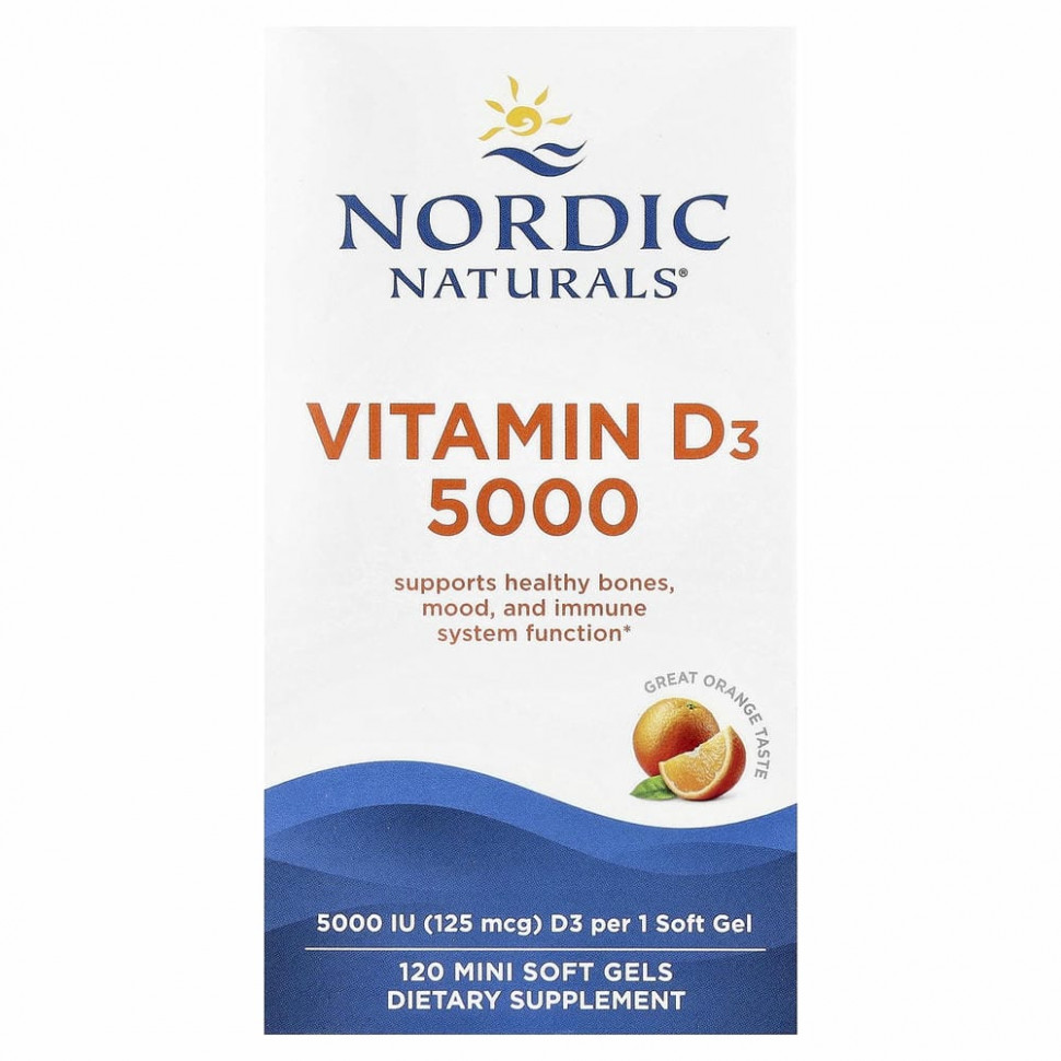 Nordic Naturals, Витамин D3 5000, со вкусом апельсина, 5000 МЕ, 120 мягких желатиновых капсул