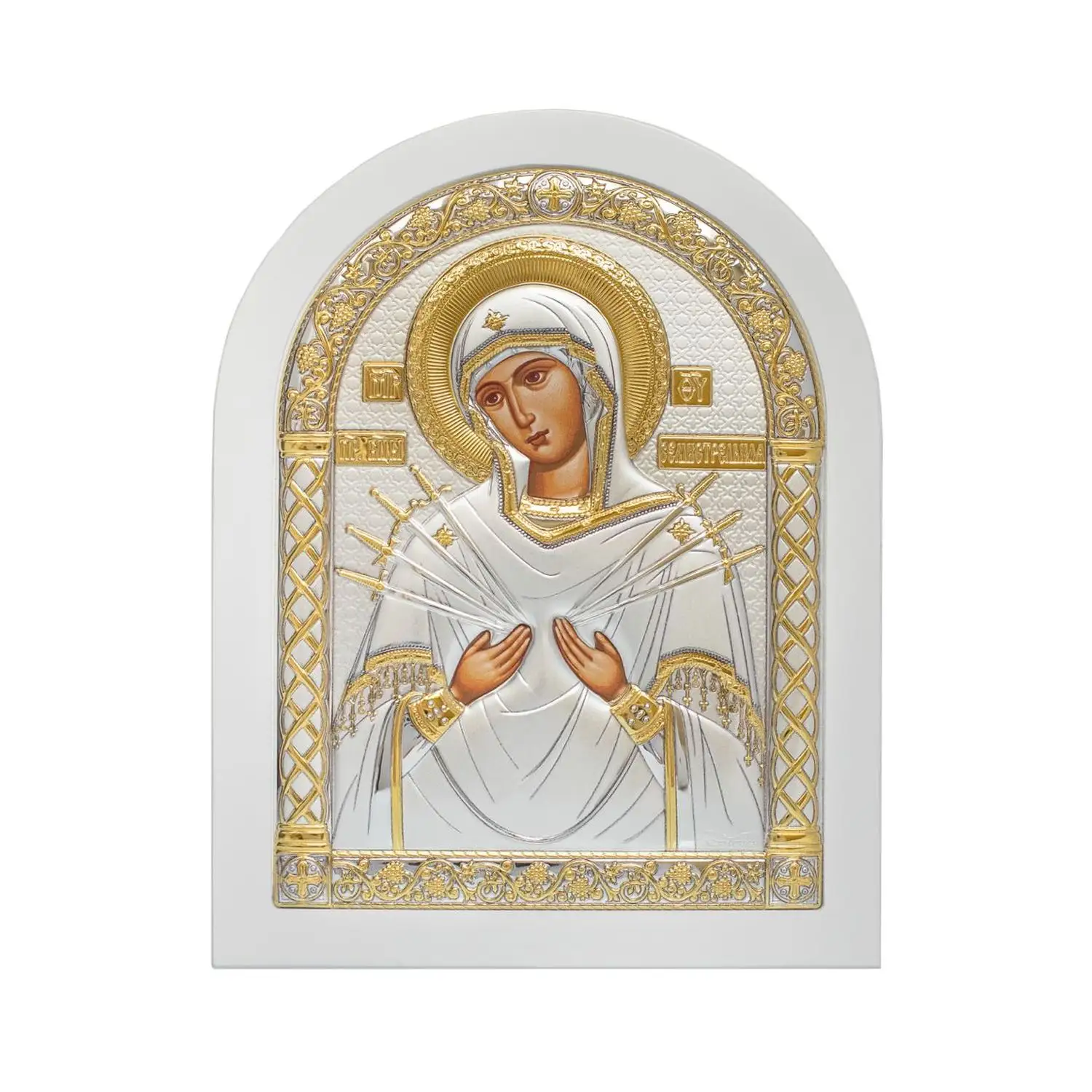 Икона арочная Семистрельная Божия Матерь белое дерево 5.7х7.5
