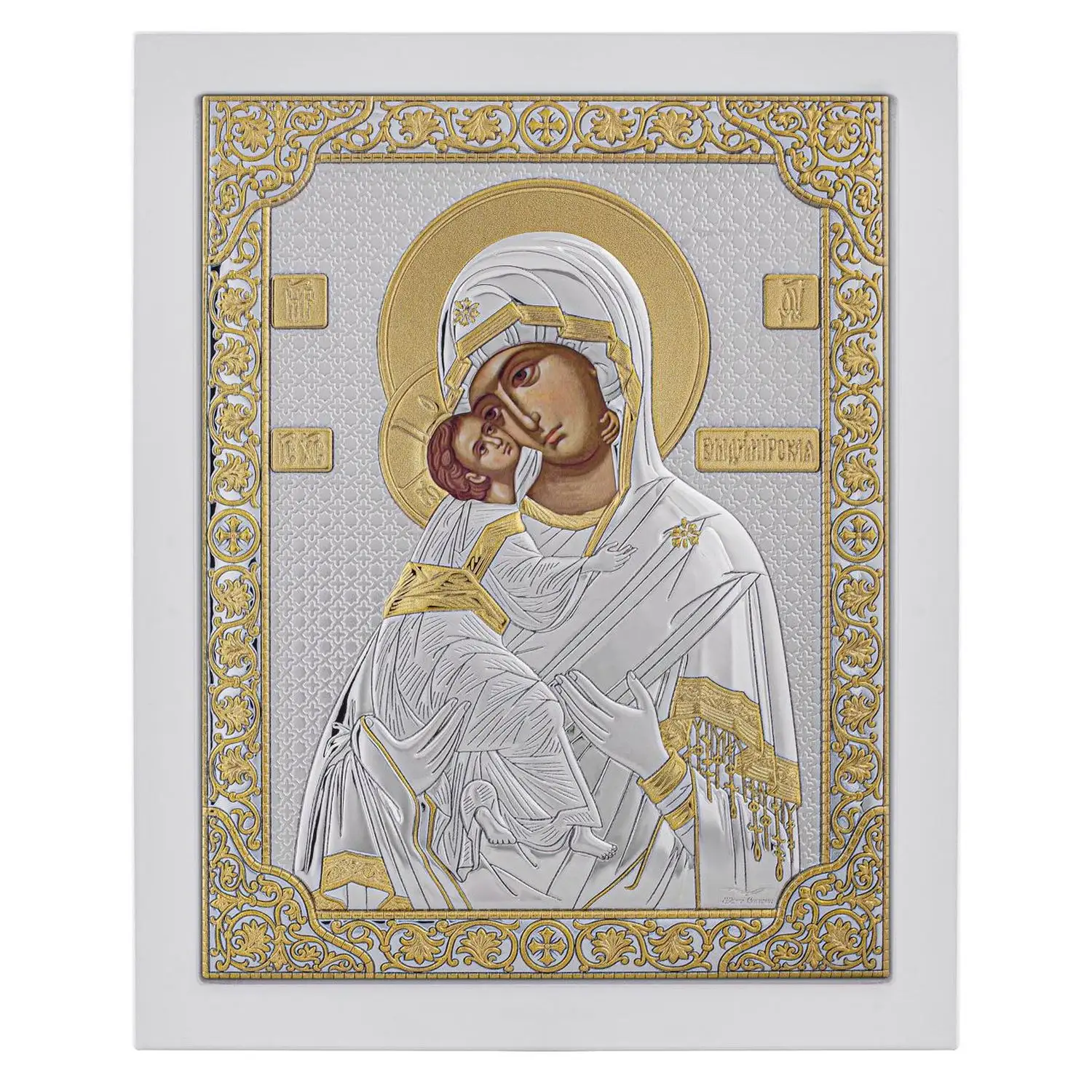 Икона прямоугольная с рамкой Владимирская Божия Матерь белое дерево 15х19