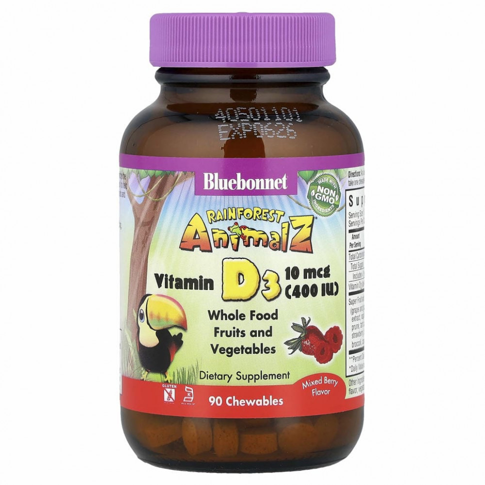 Bluebonnet Nutrition, Rainforest Animalz, витамин D3 с натуральным ягодным вкусом, 400 МЕ, 90 жевательных таблеток