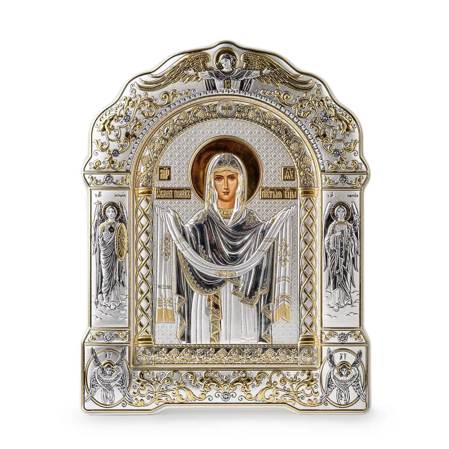 Икона арочная с рамкой под стеклом Покрова Божия Матерь белое дерево 16.7х22.8