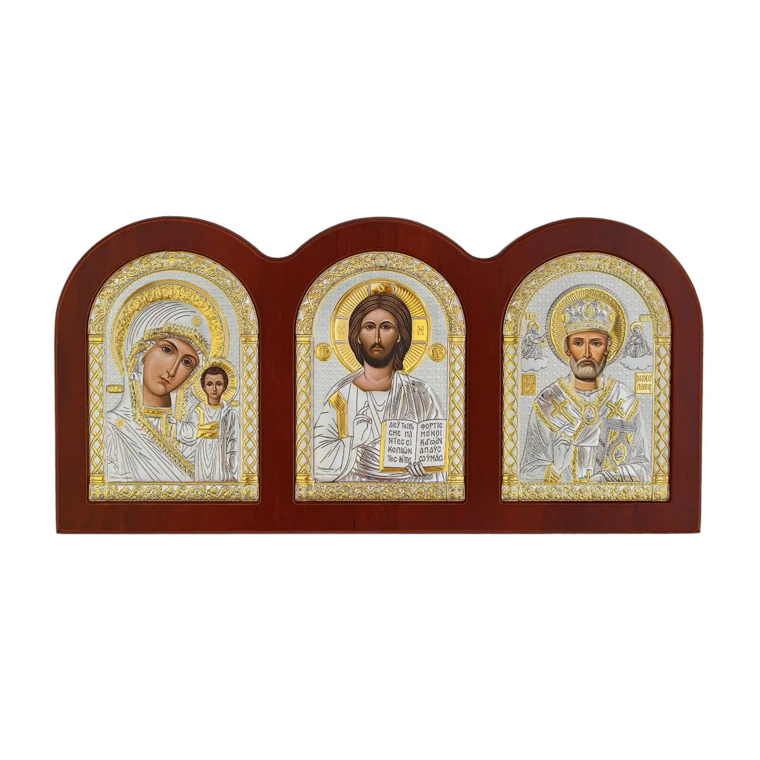 Икона (триптих) Спаситель, Казанская Божия Матерь, Николай Чудотворец красное дерево 11.5х23