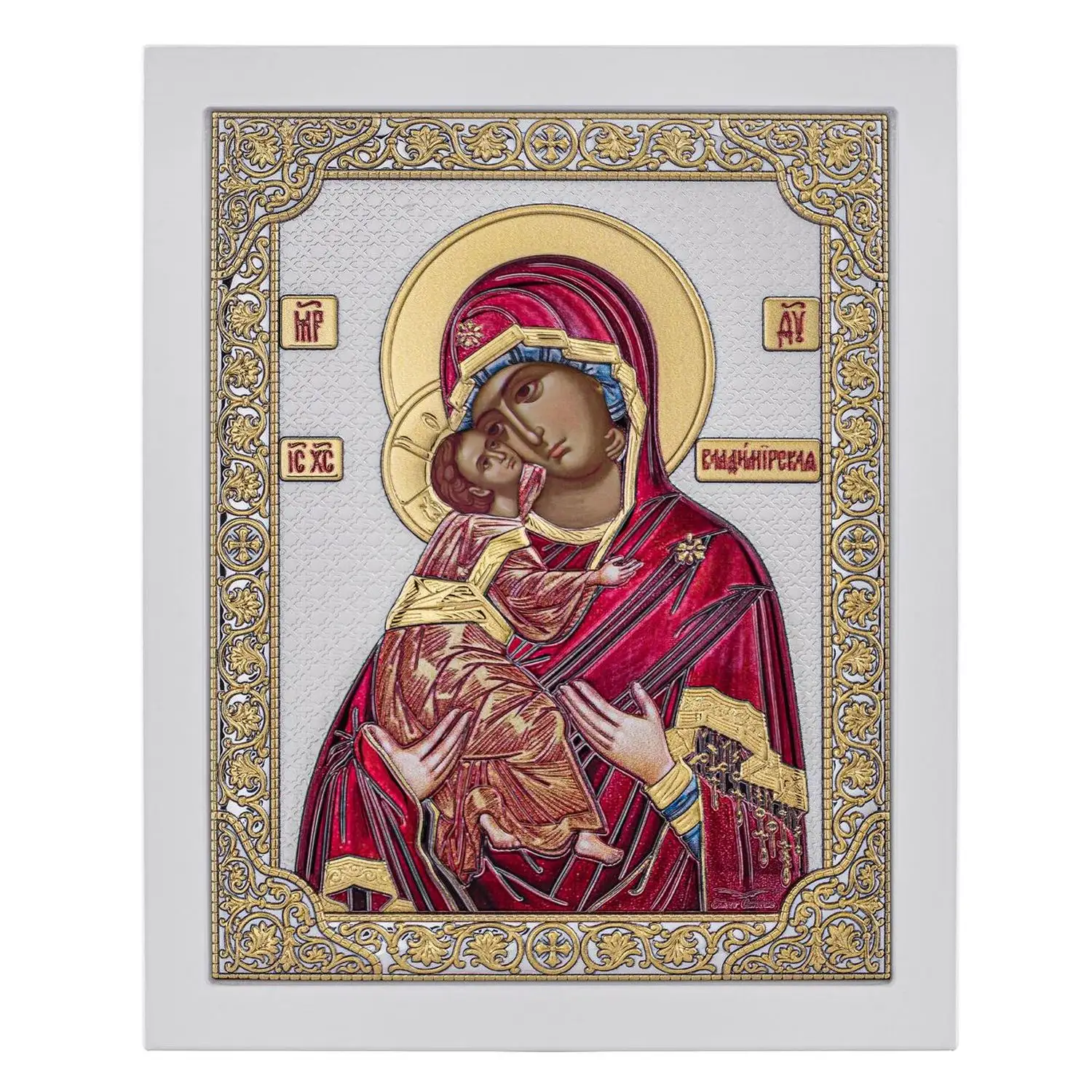 Икона прямоугольная с рамкой Владимирская Божия Матерь белое дерево, эмаль 15х19