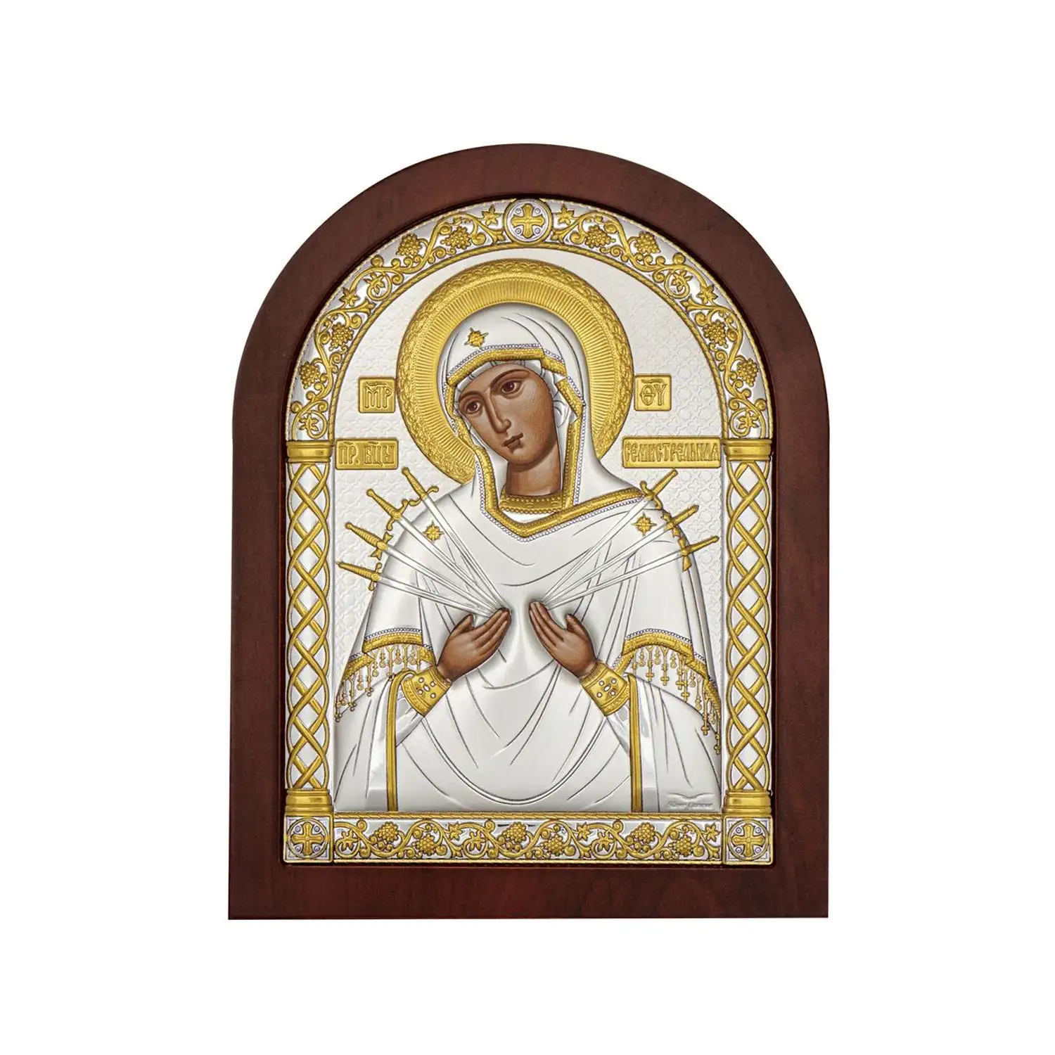 Икона арочная Семистрельная Божия Матерь красное дерево 15х20