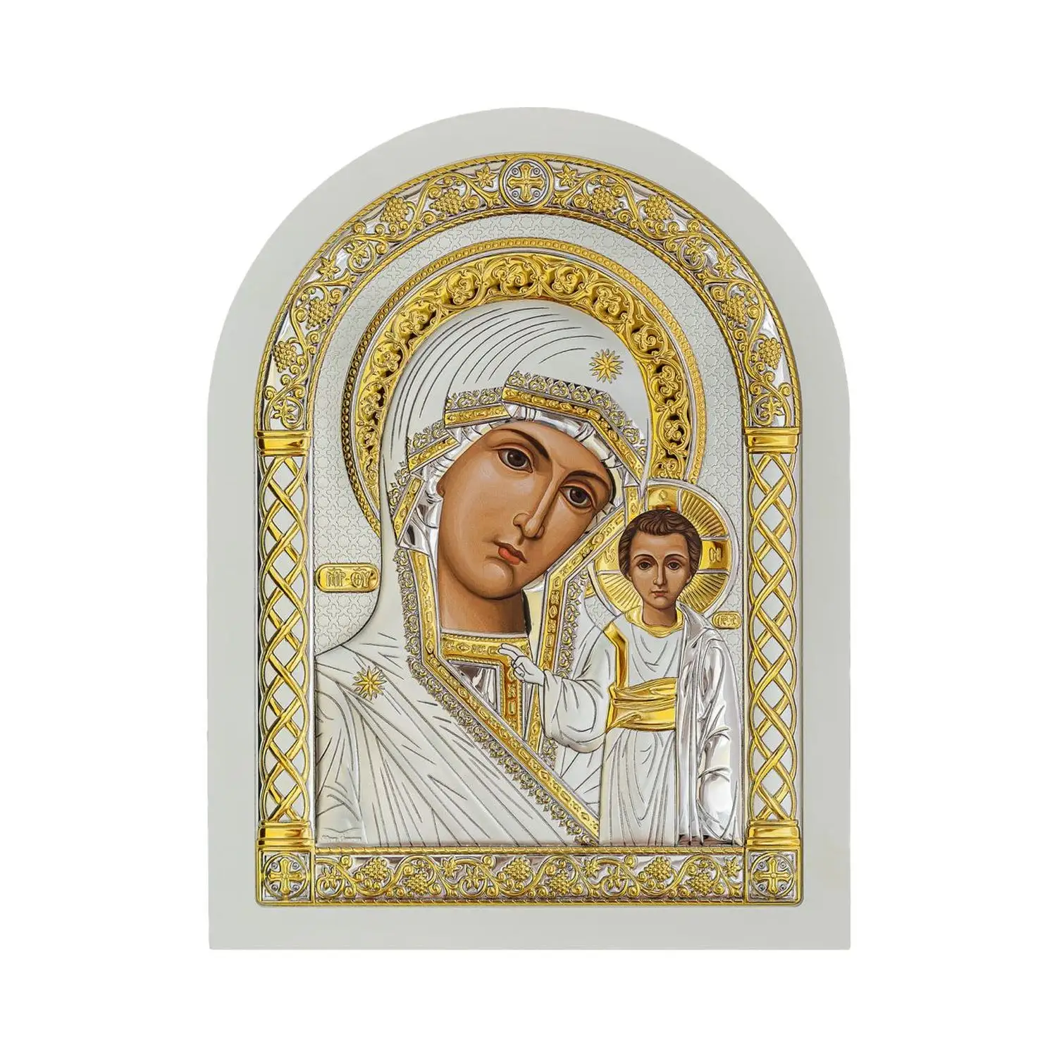 Икона арочная Казанская Божия Матерь белое дерево 5,7х7.5